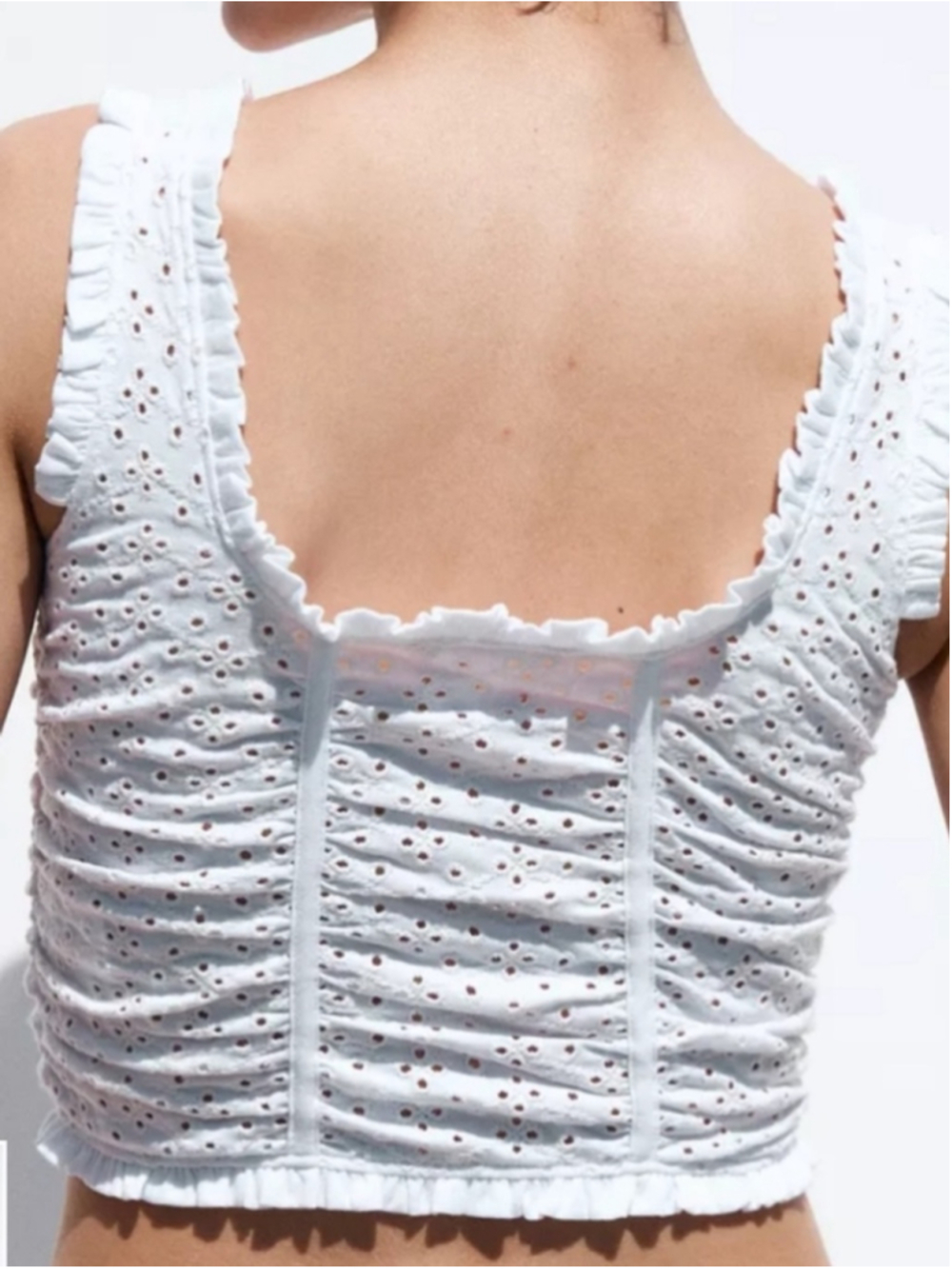 Zara White Eyelet Lace Ruched Ruffle Boho Corset Cotton Crop Top Size Small - Picture 6 of 15